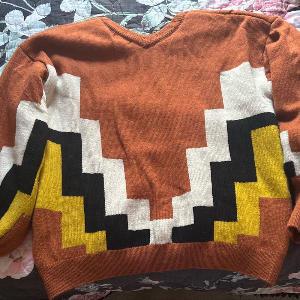 Geometric Patterned Sweater - Warm Rust, Yellow, … - image 2